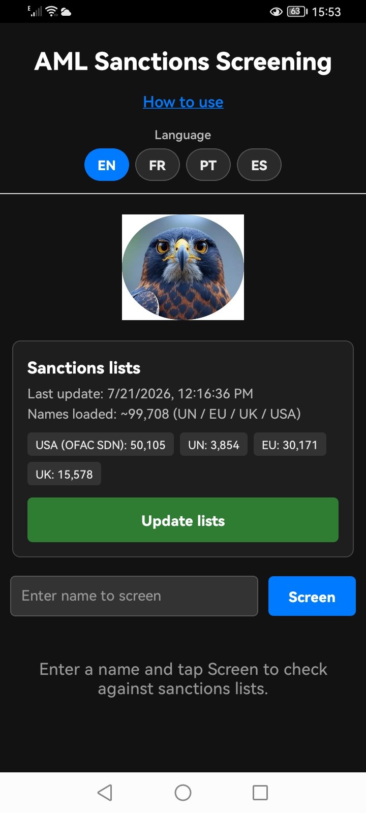Mkweli AML app screen showing sanctions lists and name screening
