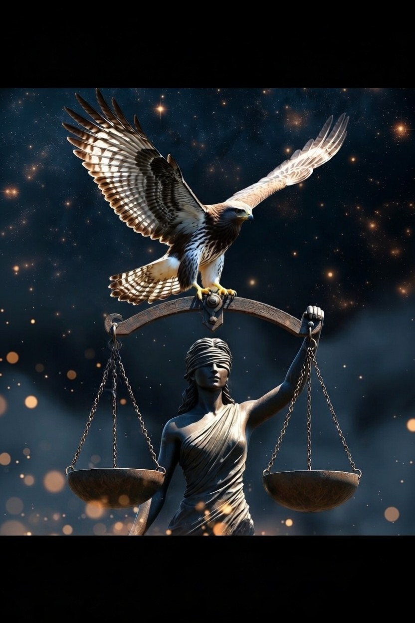 Lady Justice with hawk — Mkweli brand art